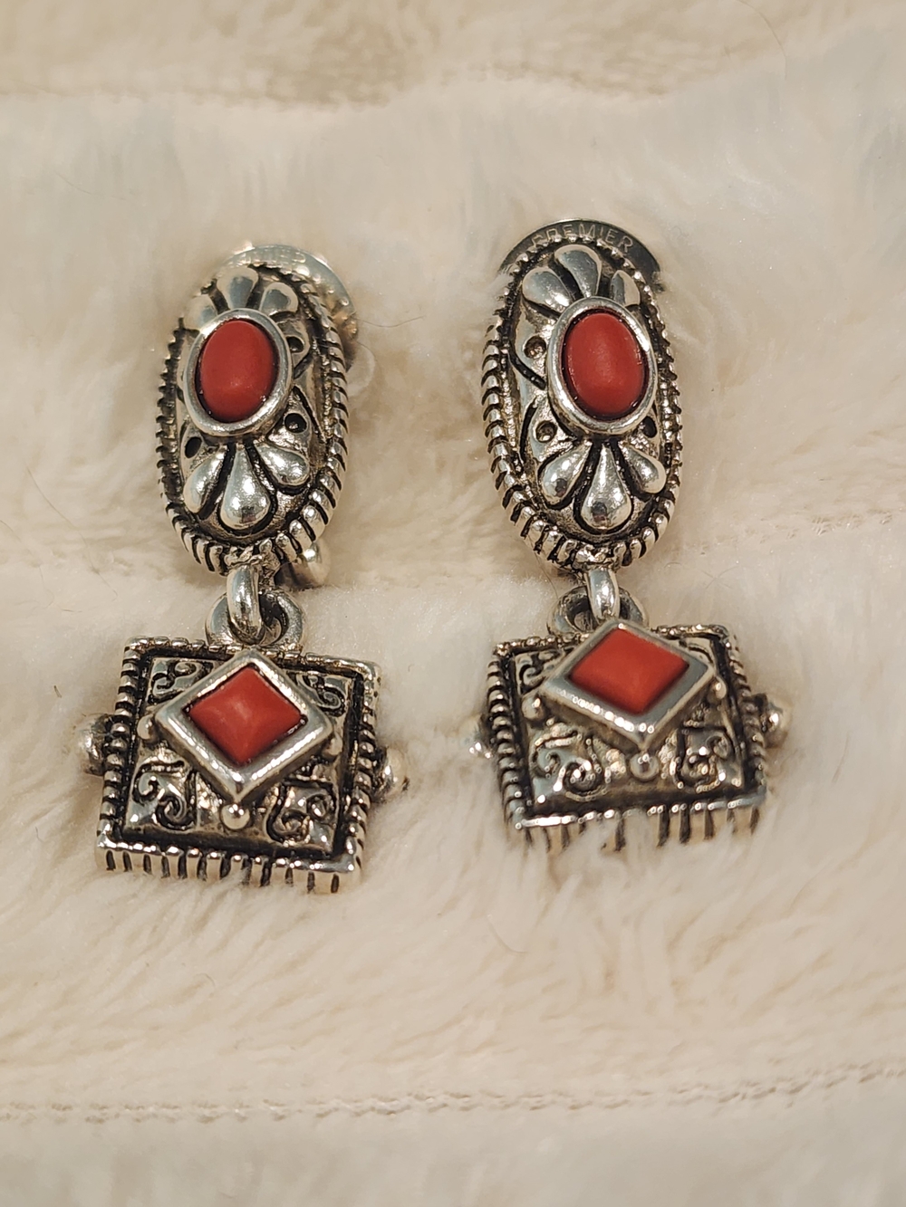 Premier Red Cabochon Dangle Earrings Silver Tone Southwestern Boho Vintage